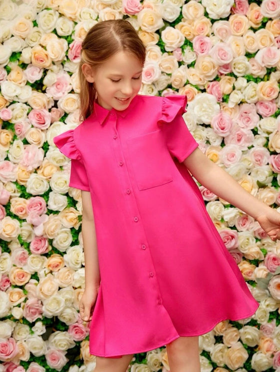 Girls Ruffle Trim Patched Pocket Single Breasted Dress