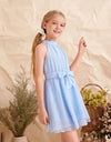 Girls Swiss Dot Chiffon Belted Halter Dress