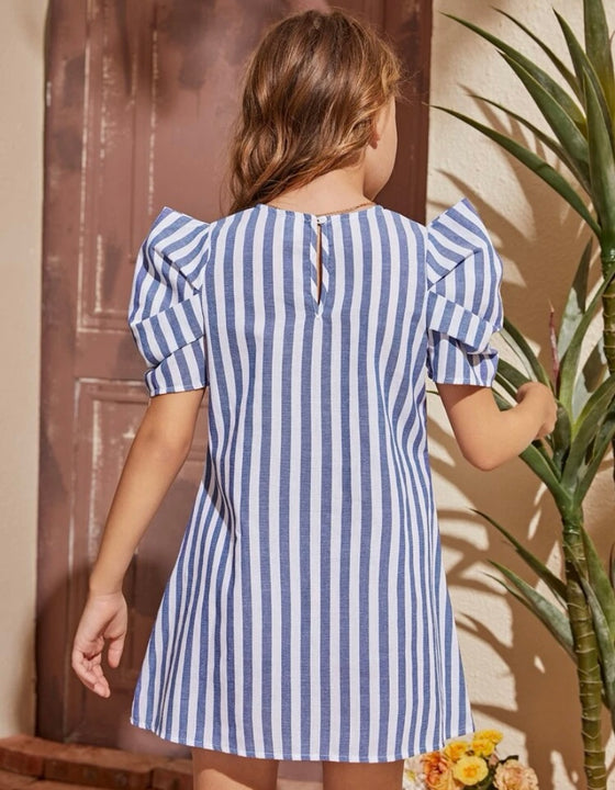 Girls Striped Puff Sleeve Tunic Dress