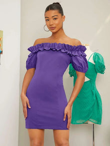  Ruffle Trim Off Shoulder Fitted Dress