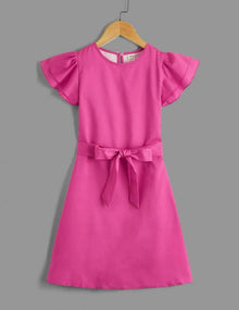  Girls Butterfly Sleeve Keyhole Back Belted Dress