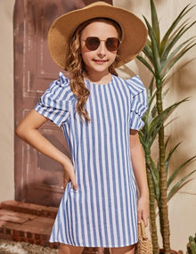  Girls Striped Puff Sleeve Tunic Dress