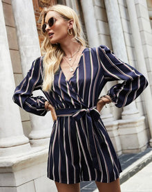  STRIPED SURPLICE FRONT BELTED ROMPER