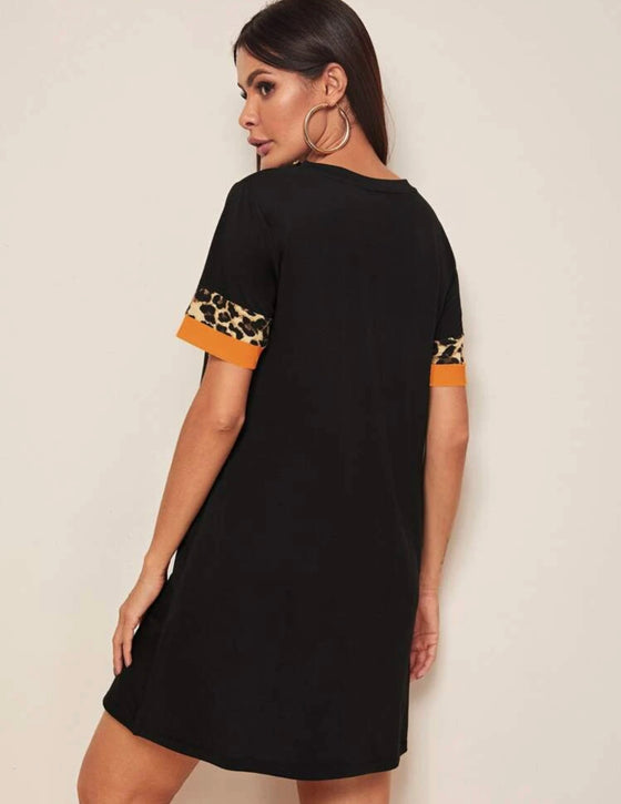 LEOPARD COLORBLOCK TEE DRESS