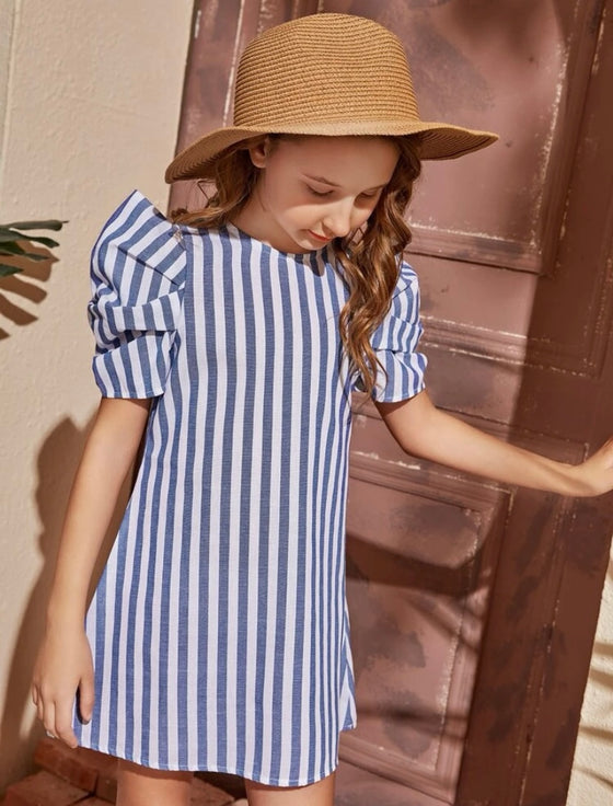 Girls Striped Puff Sleeve Tunic Dress