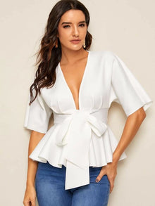  PLUNGE NECK TIE WAIST PEPLUM TOP