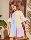 Girls Striped Color Block Flounce Sleeve Smock Dress