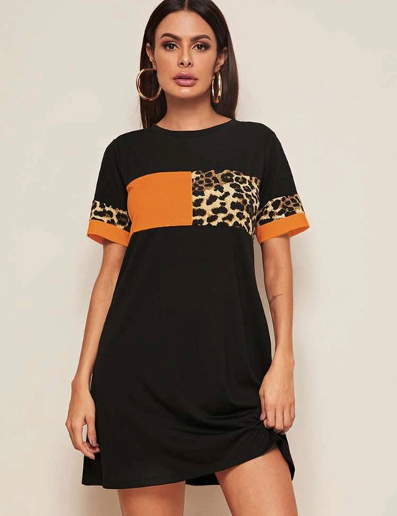 LEOPARD COLORBLOCK TEE DRESS