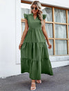 Notched Collar Cap Sleeve Ruffle Hem Dress