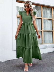  Notched Collar Cap Sleeve Ruffle Hem Dress