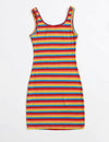 NOTCHED NECKLINE RAINBOW STRIPED DRESS