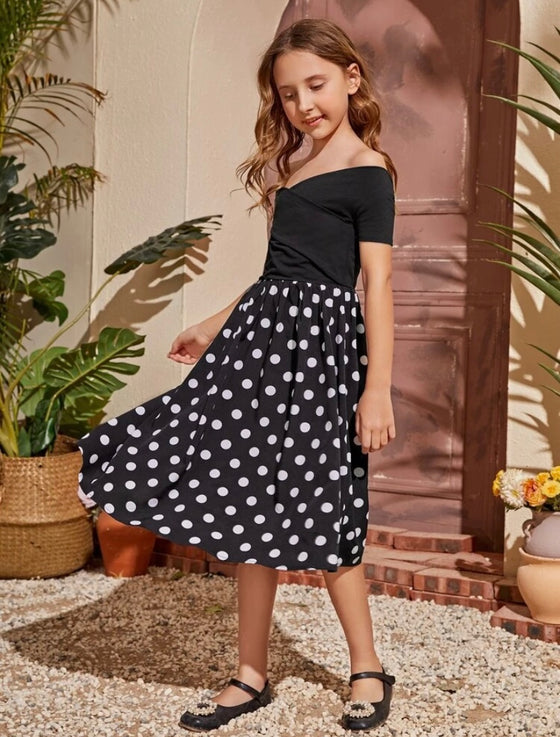 Girls Polka Dot Print Off Shoulder Dress