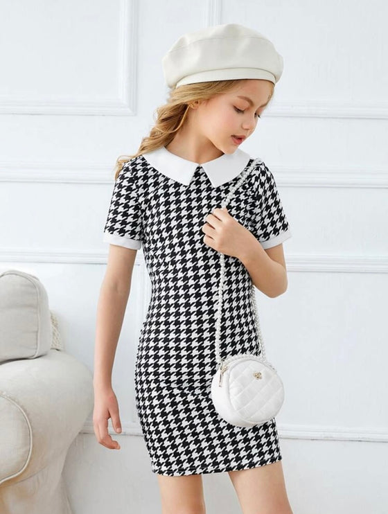 Girls Keyhole Back Houndstooth Print Fitted Dress