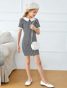  Girls Keyhole Back Houndstooth Print Fitted Dress