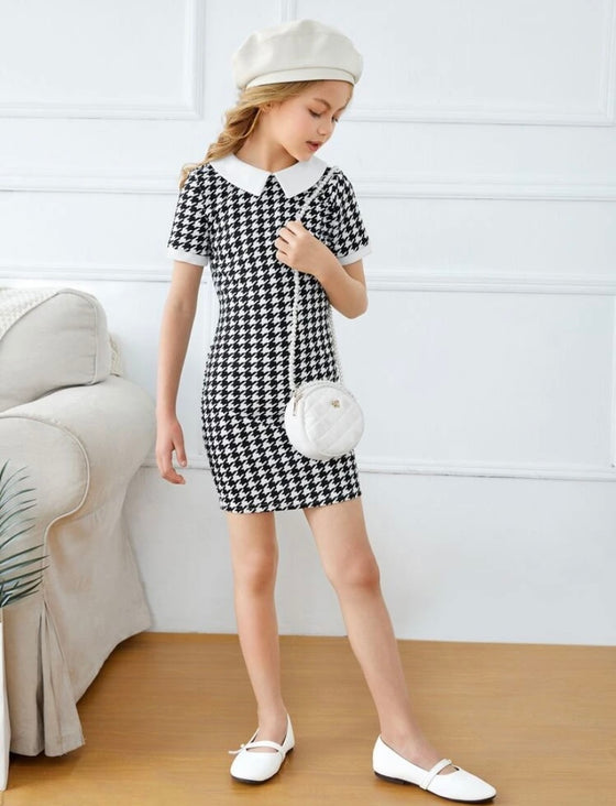 Girls Keyhole Back Houndstooth Print Fitted Dress